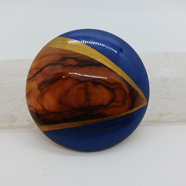 Artisan Handcrafted Wood Brooch: Hand-Painted Blue and Gold Design; Unique one of a kind retro jewelry