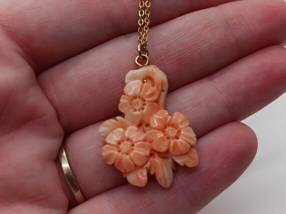 Angel Skin Coral Pendant with Carved Floral Desig… - image 7