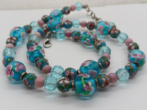 Vintage Teal and Pink Floral Bead Necklace: Perfe… - image 6