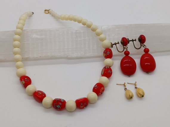 Vintage Necklace and Earrings Set: Cream and Red … - image 1