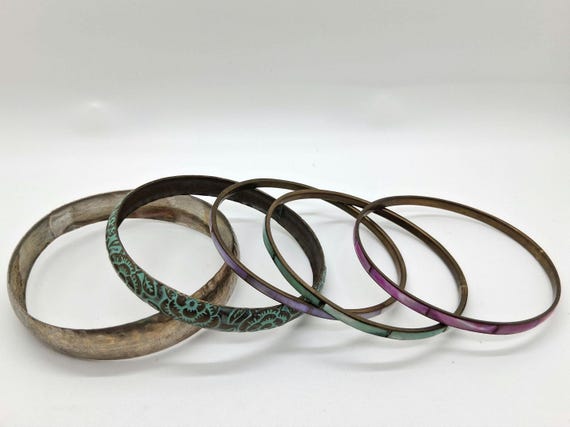 Vintage 1990s Shell Inlay Bangle Stack- Mixed Met… - image 6