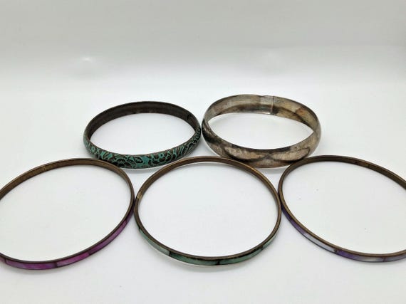 Vintage 1990s Shell Inlay Bangle Stack- Mixed Met… - image 9