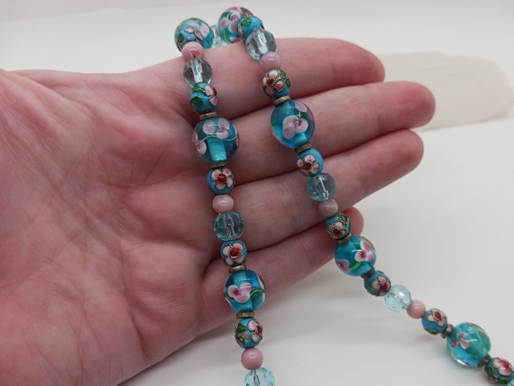 Vintage Teal and Pink Floral Bead Necklace: Perfe… - image 8