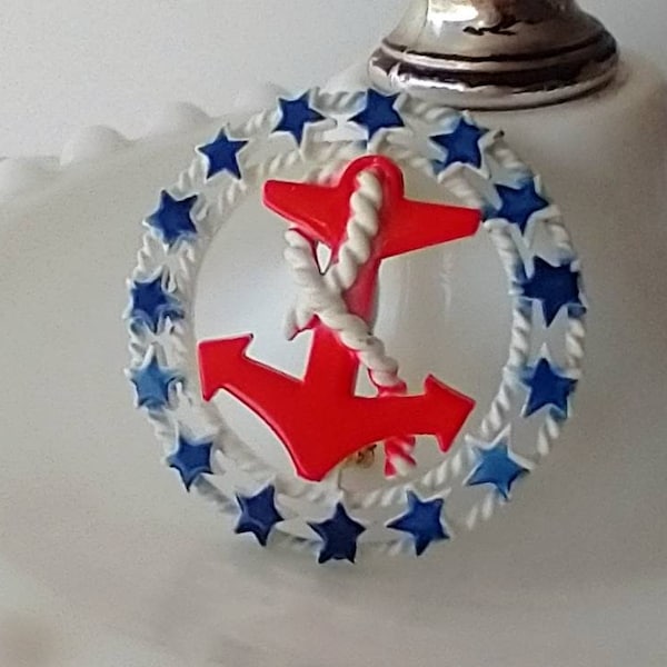Nautical brooch with anchor, vintage 1950s enamel RNK mid century pin with  stars, pin brooch for 4th of july or Navy mom