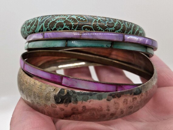 Vintage 1990s Shell Inlay Bangle Stack- Mixed Met… - image 10