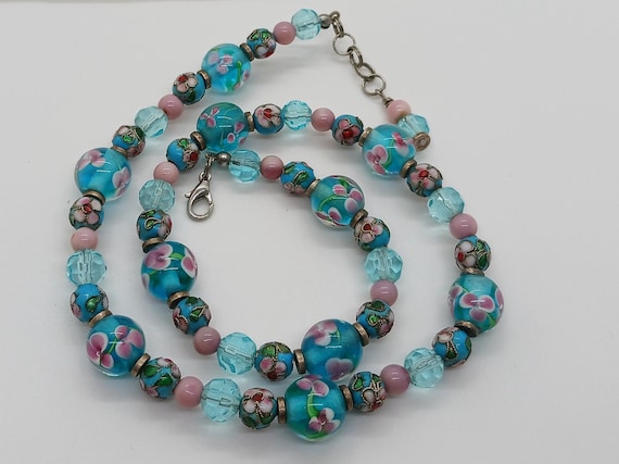 Vintage Teal and Pink Floral Bead Necklace: Perfe… - image 7