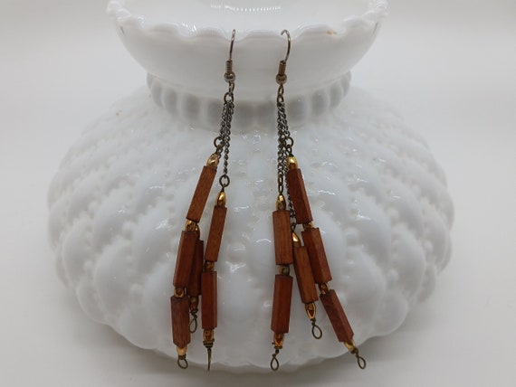 Wood & chain vintage earrings, mid century modern… - image 2