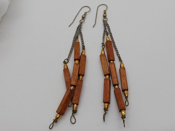 Wood & chain vintage earrings, mid century modern… - image 6