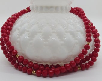 Basic round red glass bead long necklace, Vintage Monet extra long red bead necklace with gold spacers