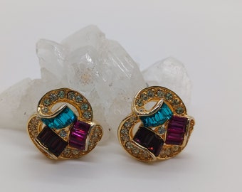 Retro 80's rhinestone earrings, Vintage teal, purple, and pink jeweled pierced earrings