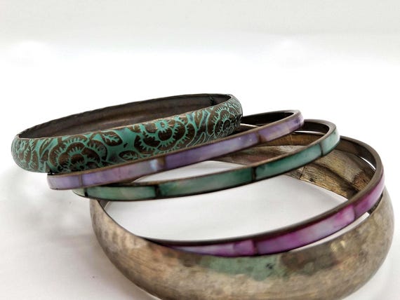 Vintage 1990s Shell Inlay Bangle Stack- Mixed Met… - image 4