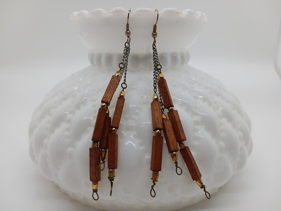 Wood & chain vintage earrings, mid century modern… - image 1