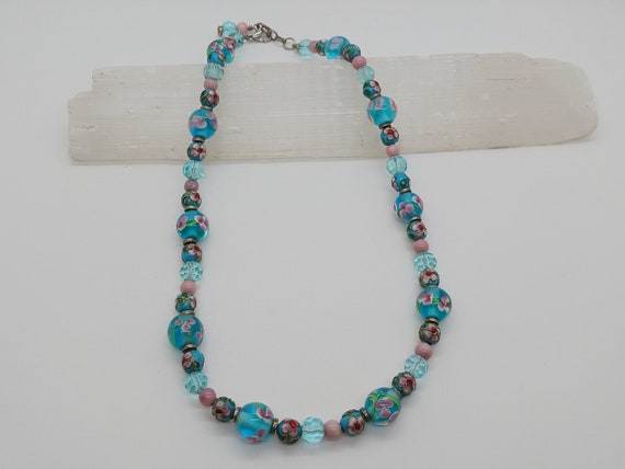 Vintage Teal and Pink Floral Bead Necklace: Perfe… - image 3