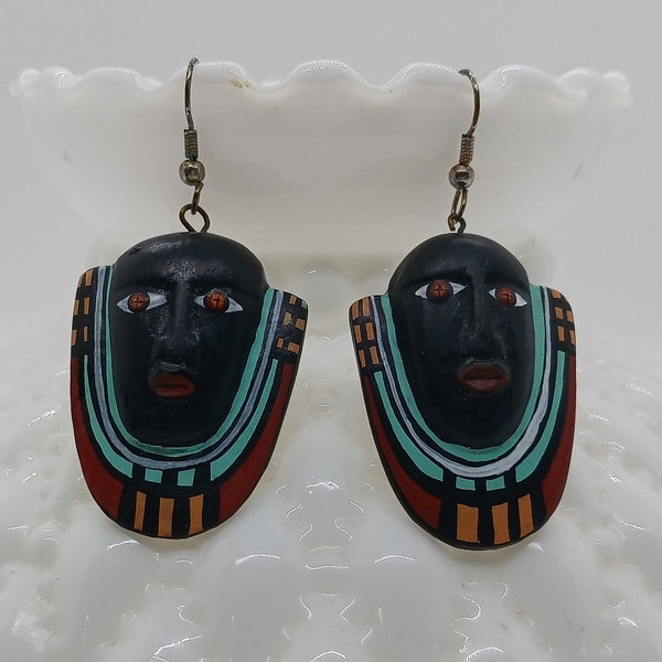 hand painted vintage tribal mask earrings, face earrings, African mask earrings, big bold statement earrings