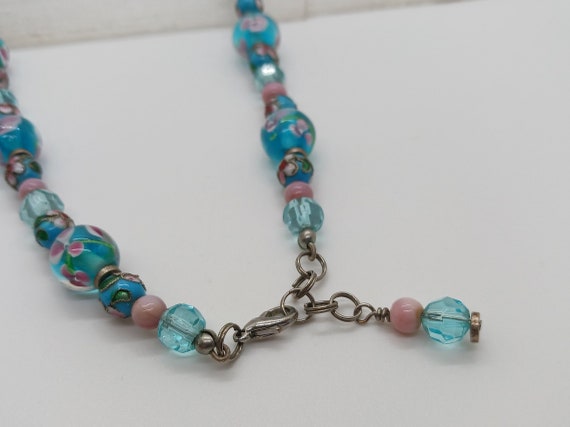 Vintage Teal and Pink Floral Bead Necklace: Perfe… - image 4