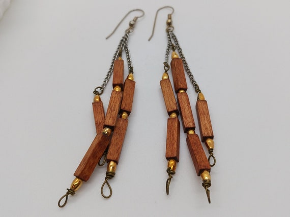 Wood & chain vintage earrings, mid century modern… - image 4