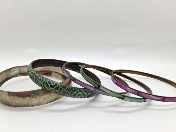 Vintage 1990s Shell Inlay Bangle Stack- Mixed Met… - image 5