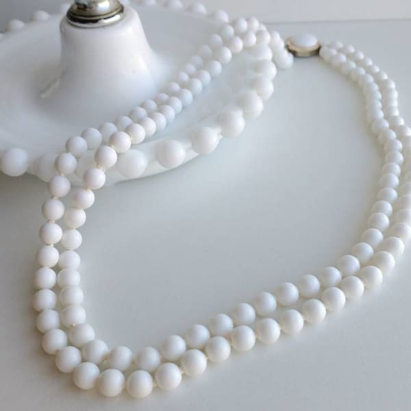classic white bead double strand necklace, vintage 1950s style Japan signed jewelry