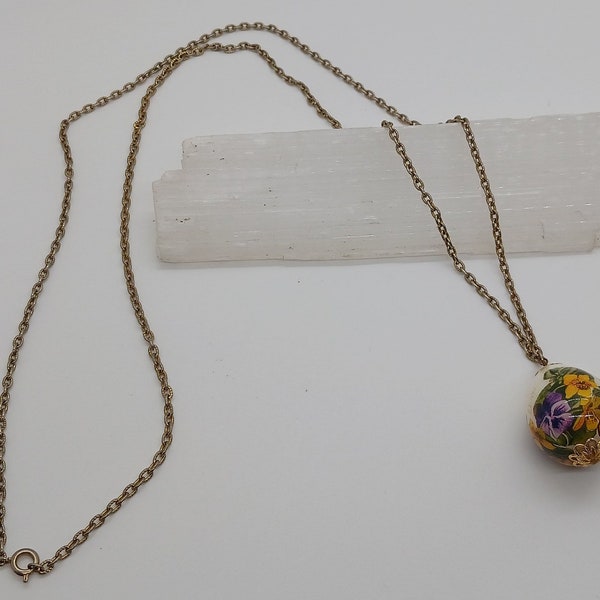 Delicate Egg Pendant Necklace with Pansy Floral Design; Unique Necklace for Spring and Summer