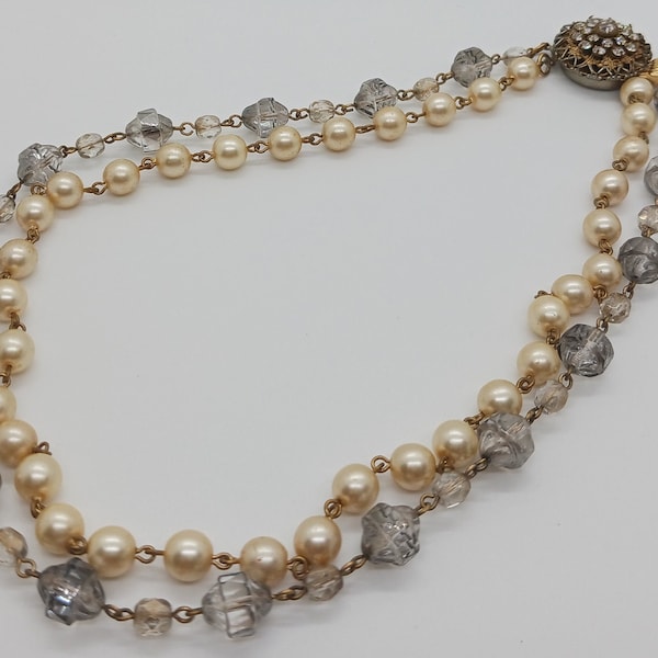 Classic Double Strand Choker Necklace: Vintage Pearl & Smokey Gray Faceted Bead Combination with Fancy Closure