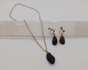 Chic Minimal Vintage Smokey Quartz Necklace & Earring Set with Silver Tone Chain Signed Germany