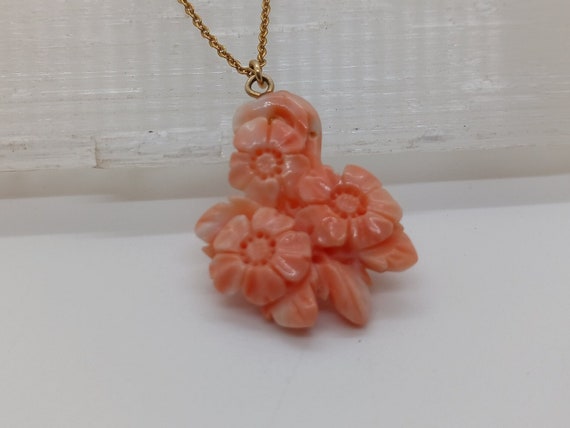Angel Skin Coral Pendant with Carved Floral Desig… - image 2