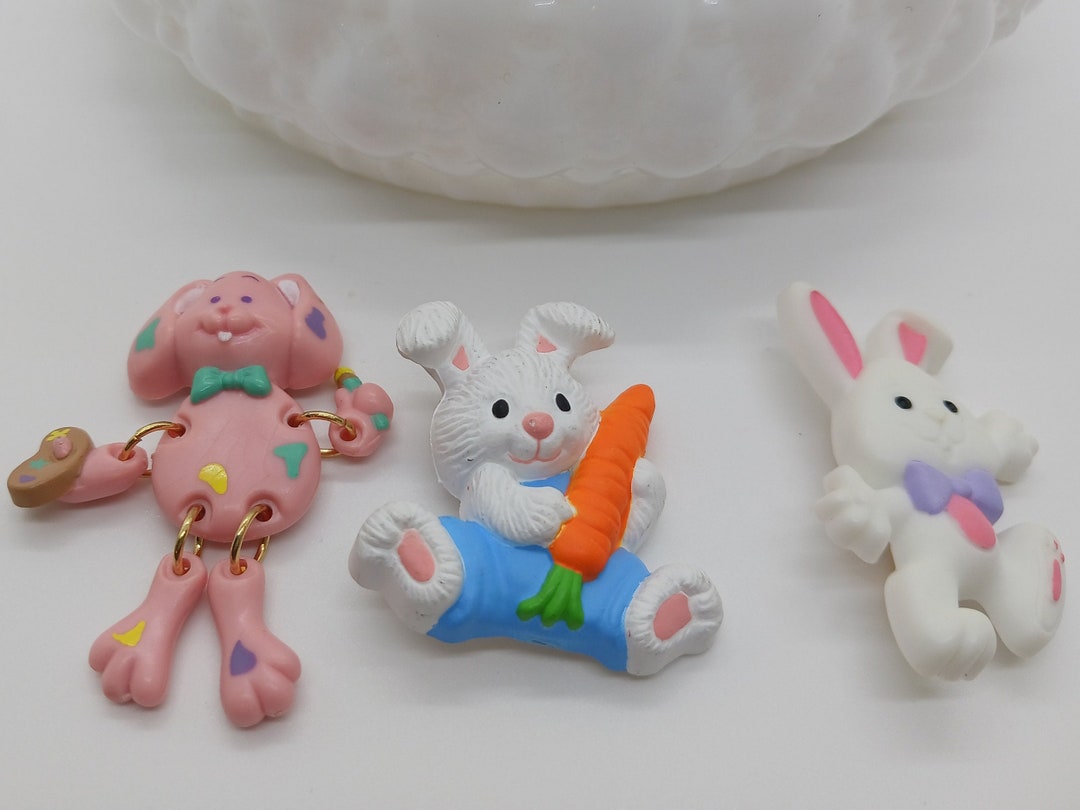 3 Easter Bunny Brooches, Vintage Hallmark Bunny With Carrot Pin, Articulated Artist Painter