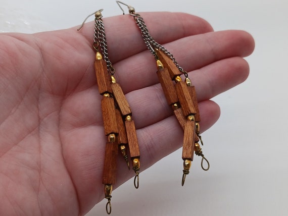 Wood & chain vintage earrings, mid century modern… - image 8