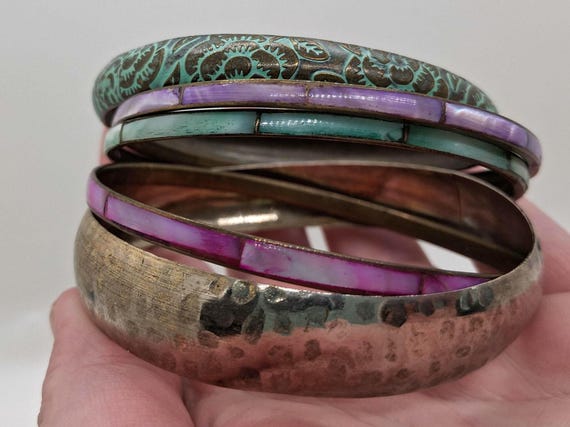 Vintage 1990s Shell Inlay Bangle Stack- Mixed Met… - image 3