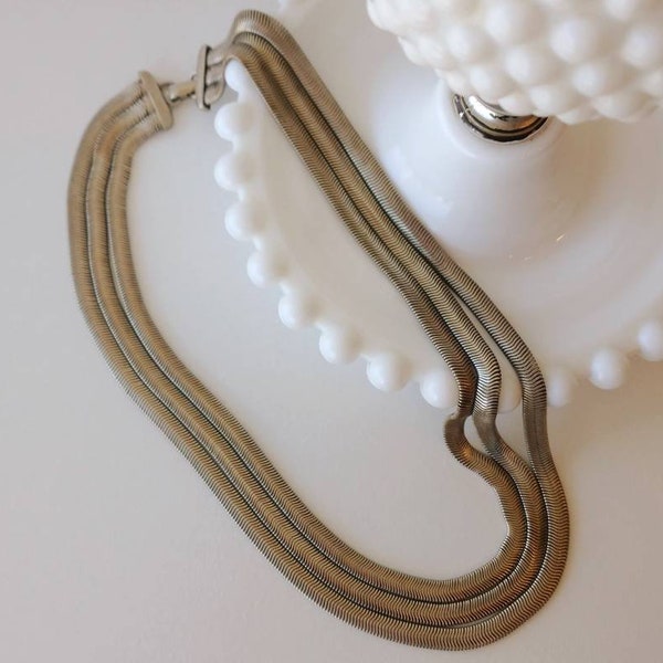 Silver triple strand flat snake chain, vintage articulated serpentine chain necklace