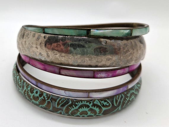 Vintage 1990s Shell Inlay Bangle Stack- Mixed Met… - image 7