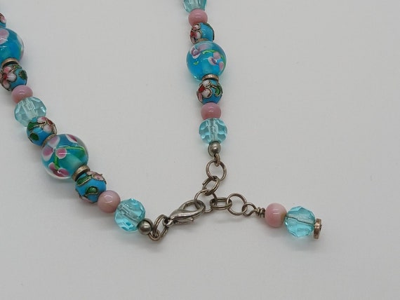 Vintage Teal and Pink Floral Bead Necklace: Perfe… - image 5