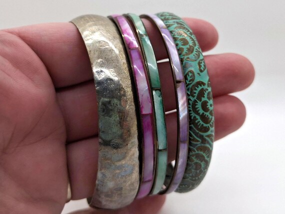 Vintage 1990s Shell Inlay Bangle Stack- Mixed Met… - image 11