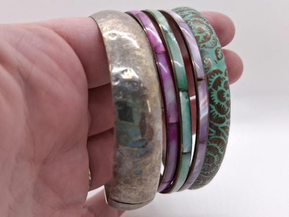Vintage 1990s Shell Inlay Bangle Stack- Mixed Met… - image 12
