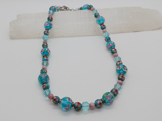 Vintage Teal and Pink Floral Bead Necklace: Perfe… - image 2
