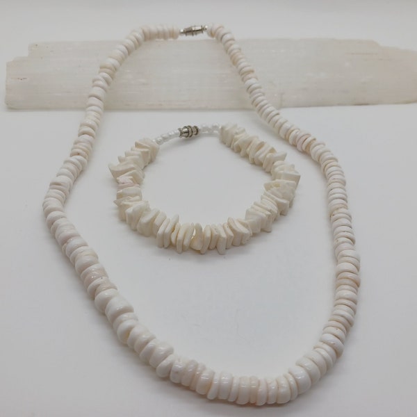 90s Style Puka Shell Necklace & Bracelet Set:  Beachy Hawaiian Surfer Vibes