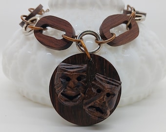 Comedy & Tragedy masks vintage wood necklace, wood link chain, necklace with large pendant, theater mask necklace pendant