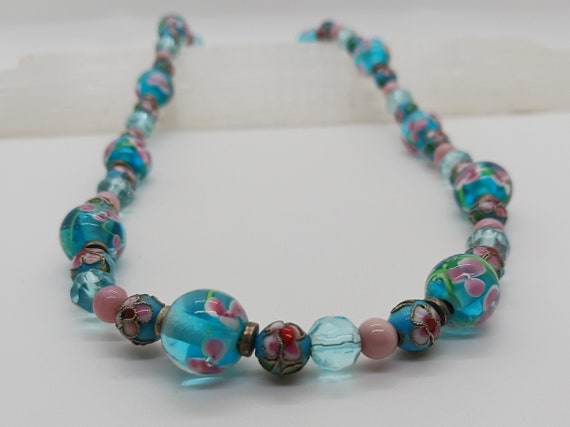 Vintage Teal and Pink Floral Bead Necklace: Perfe… - image 1