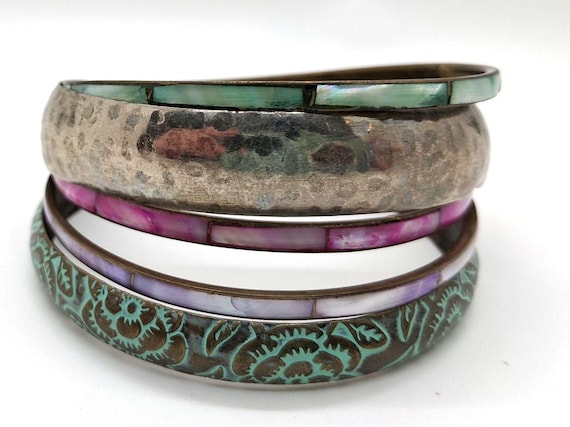 Vintage 1990s Shell Inlay Bangle Stack- Mixed Met… - image 1
