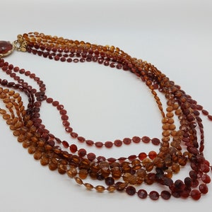 2 toned brown plastic disc bead string necklace, multi strand 60s 70s vibe plastic bead necklace