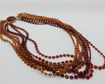 2 toned brown plastic disc bead string necklace, multi strand 60s 70s vibe plastic bead necklace