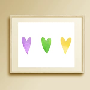 Mardi Gras Wall Art, Mardi Gras Digital Download, Mardi Gras Decor, Mardi Gras Hearts Print, Watercolor Decor, Print and Frame Wall Art