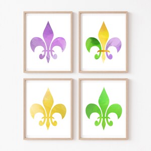 Mardi Gras Wall Art, Set of 4 Mardi Gras Fleur de Lis Printable, Purple, Green, Gold, Watercolor Decor, Print and Frame Wall Art