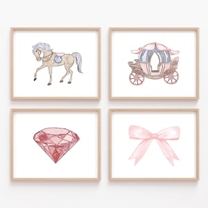 Princess Fairytale Wall Decor for Kids Room or Nursery, Watercolor Wall Art, Pink Diamond, Bow, Horse, Carriage, Print and Frame Wall Art