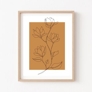 Arte de línea floral neutra, arte mural boho marrón óxido, decoración minimalista para el hogar, arte moderno de mediados de siglo, imprimible en flor, impresión y marco