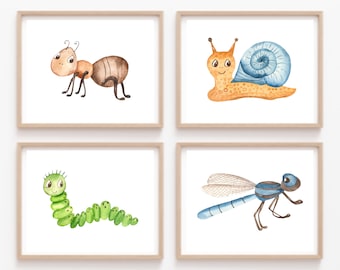 Baby Bugs Nursery Decor, Insects Set of 4, Kids Room Printable Art, Snail, Dragonfly, Caterpillar, Ant, Print and Frame Wall Art