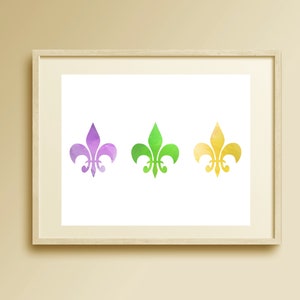 Mardi Gras Wall Art, Mardi Gras Digital Download, Mardi Gras Decor, Three Fleur de Lis Print, Watercolor Decor, Print and Frame Wall Art