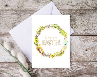 Floral Easter Wreath Card, Easter Card, Happy Easter Card, Watercolor Easter Card, Floral Spring Card, Printable Easter Card