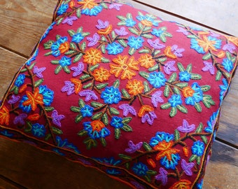 Boho pillow cover - Large embroidered pillow "Shanti" floor pilliow 24x24 from Kashmir - floral embroidery for beohemian homes | Cover only