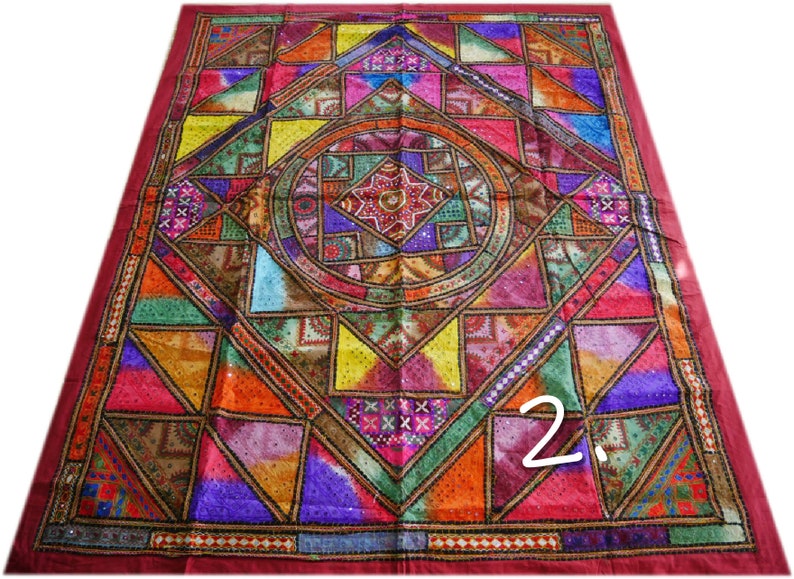 embroidered colorful Indian bedspread with 2 cushion covers Boho bedding set Desert flower multicolor patchwork quilt bohemian decor